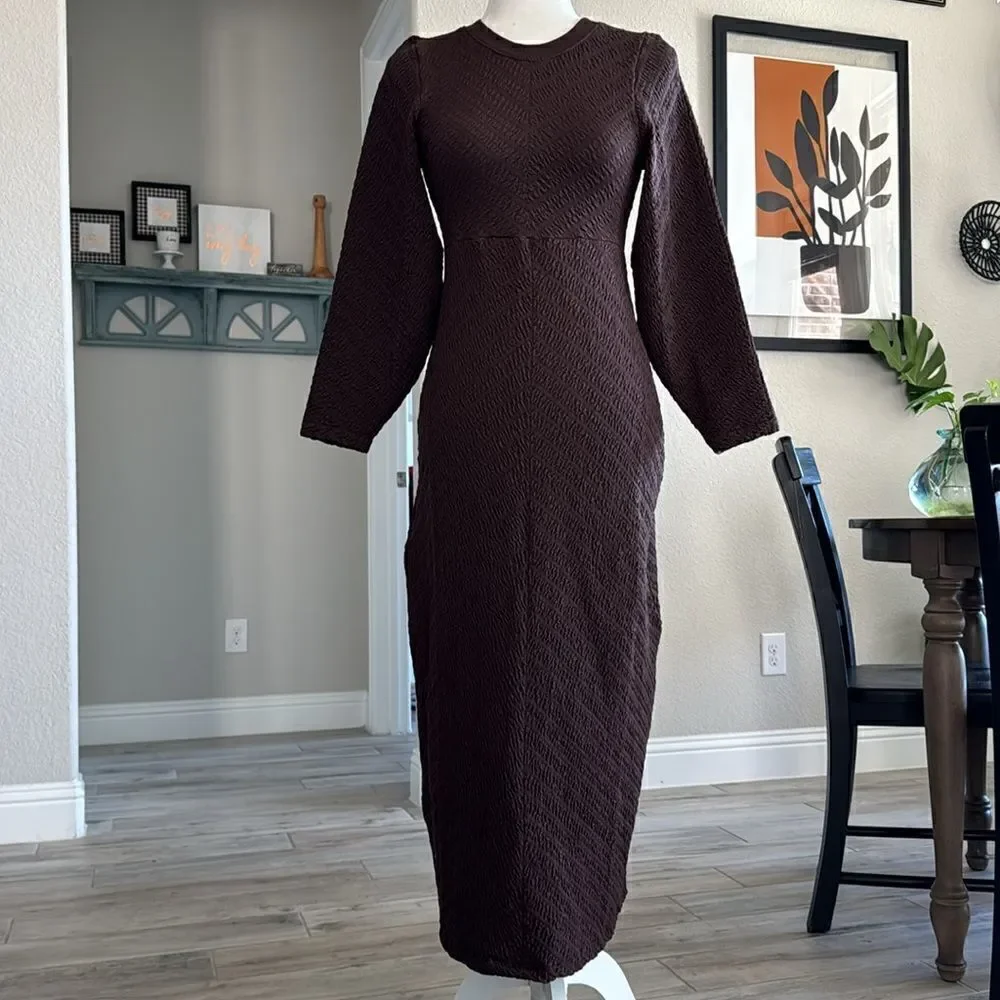 NWOT Free People Gabby Seamless MIDI Dress Brown Long Sleeve Texture Open Back